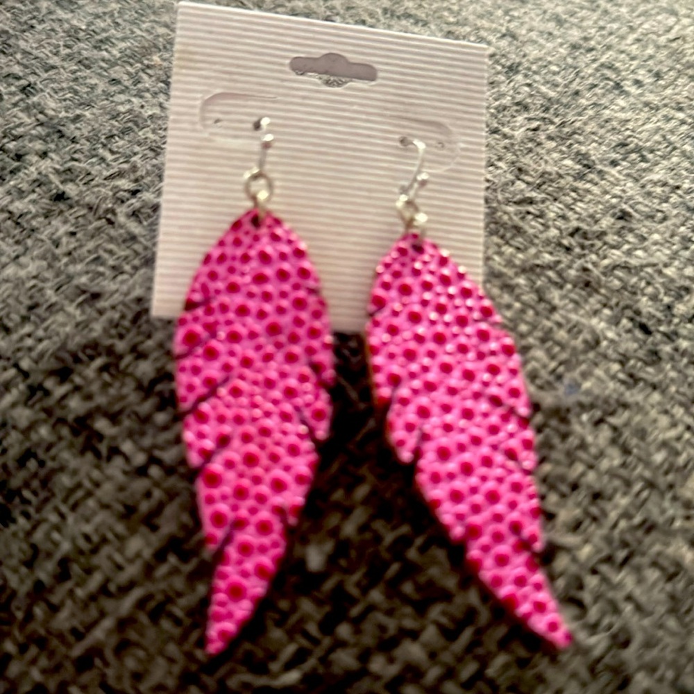 Pink leather “feather” shaped earrings
